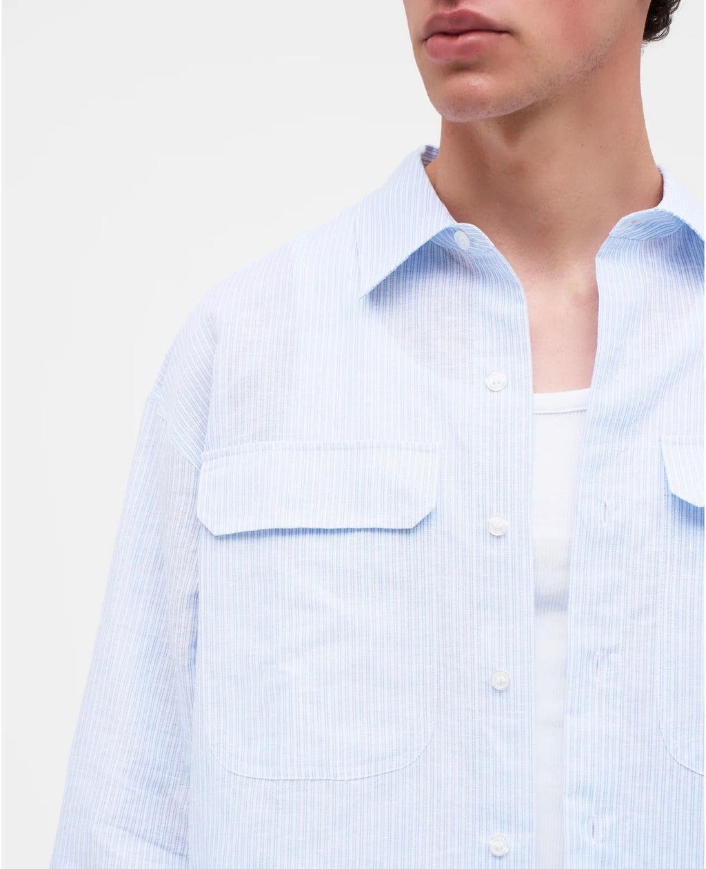 Linen Utility Overshirt | Sky Blue Stripe