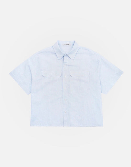 Boxy Utility Linen Shirt | Sky Blue Stripe