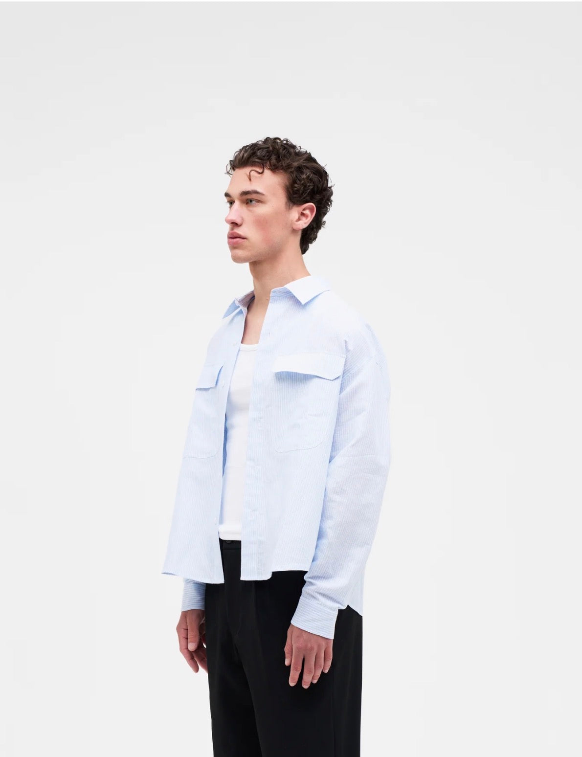 Linen Utility Overshirt | Sky Blue Stripe